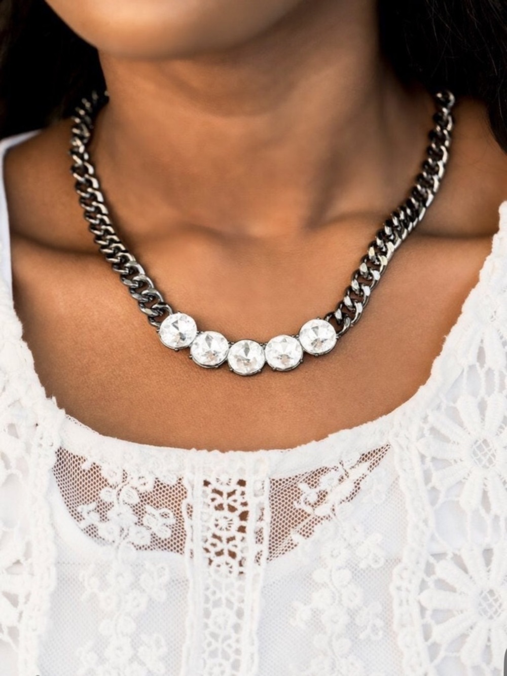 Glitzy Rhinestone Encrusted Chain Necklace in Black Gunmetal